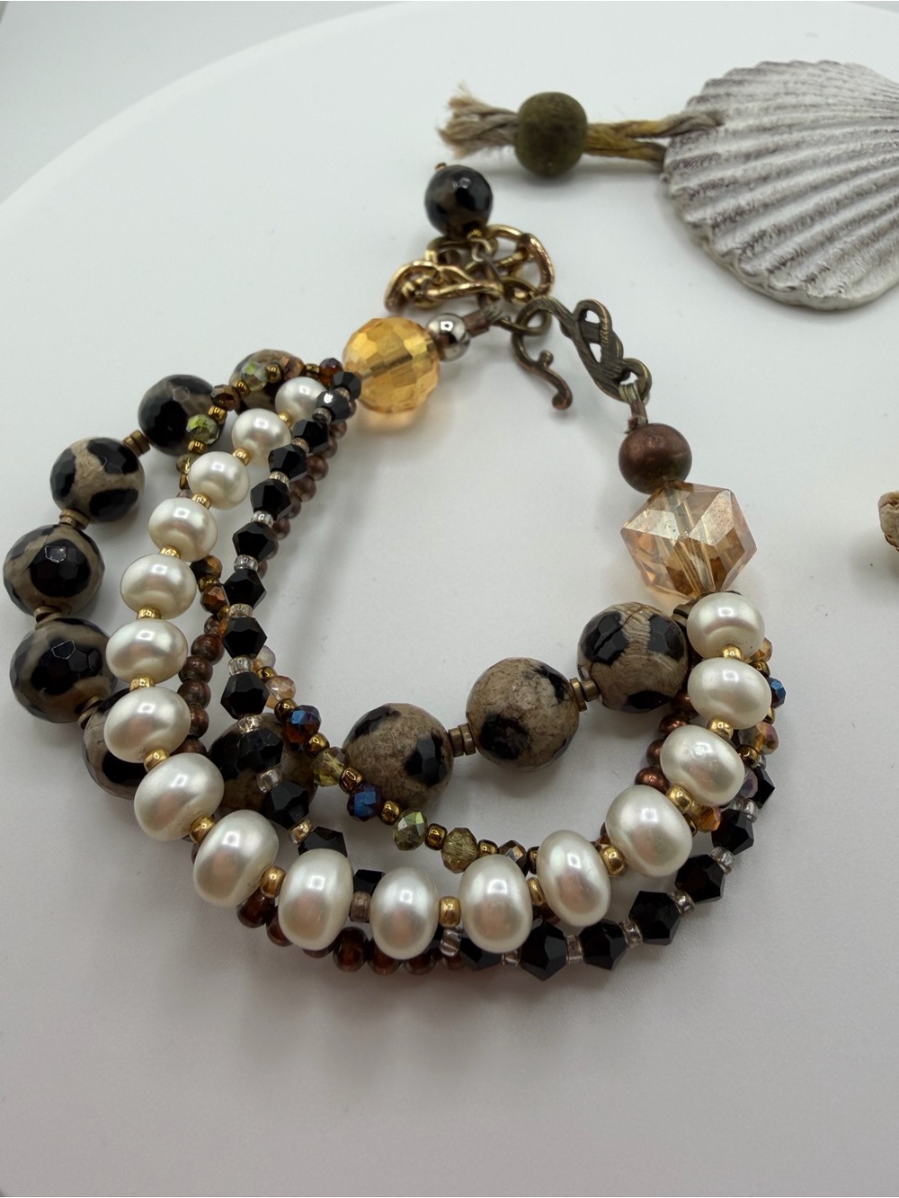 Multi-Strand Pearl and Bead Bracelet in Cream, Black & Gold for Bigger Wrists 💋